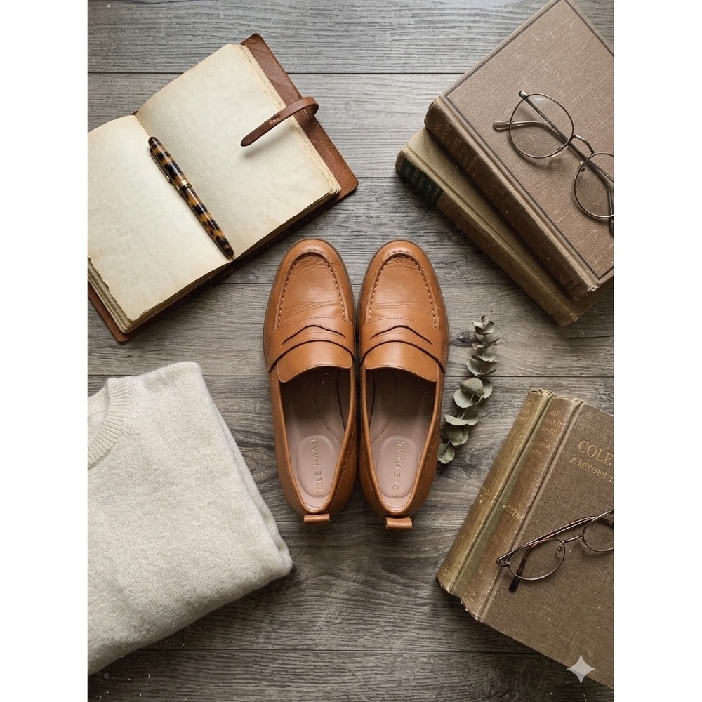 Cole Haan W28189 Penny Loafer 8B Tan Leather Quiet Luxury Classic Womens Shoes - Picture 2 of 9